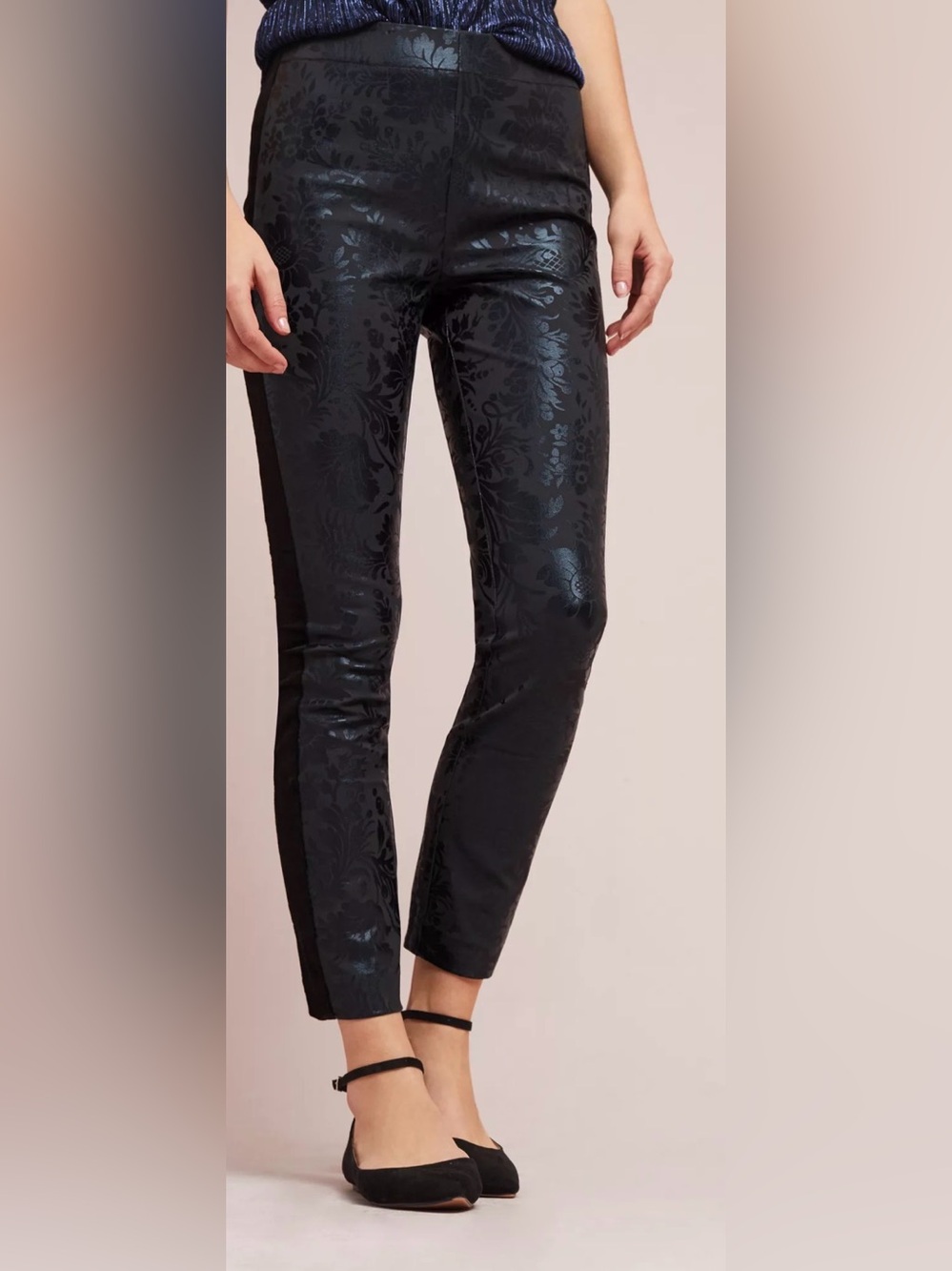 Anthropologie Black foiled printed tuxedo pants